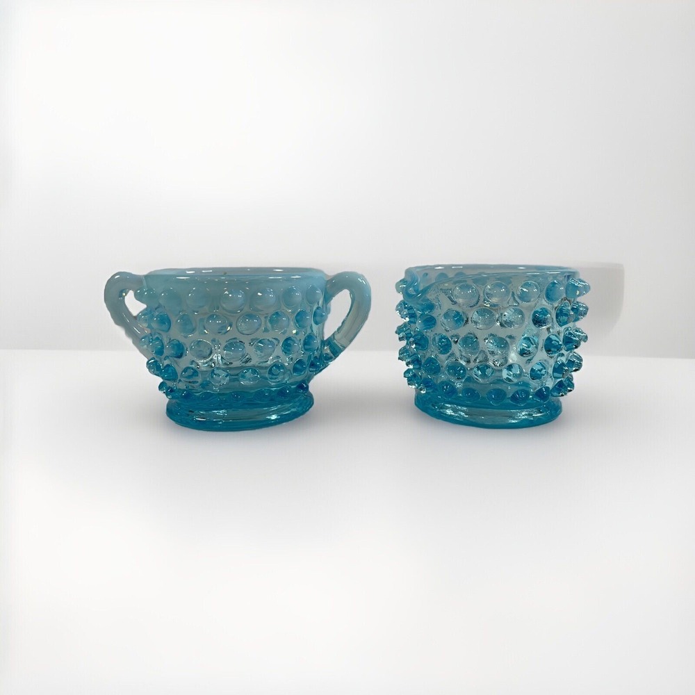 Vintage Fenton Hobnail Blue Opalescent Glass Individual Sugar And Creamer
